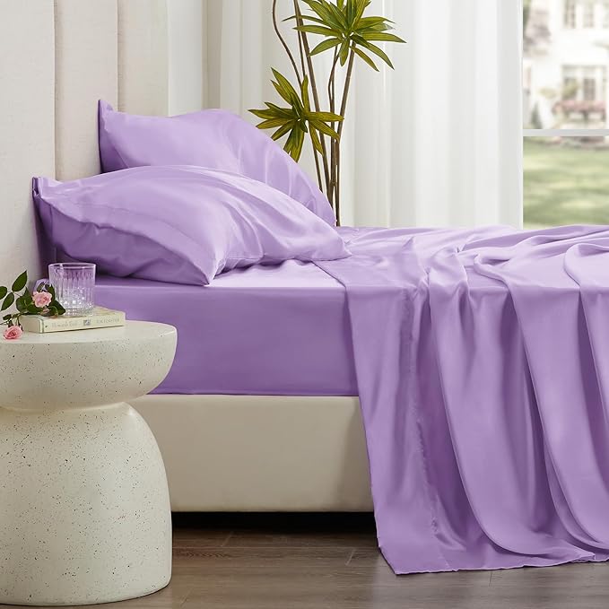 Love's cabin 4Piece California King Satin Bed Linen Set, Lavender Silky Satin Sheets, Deep Pocket, Luxury Silk Feel, 1 Flat, 1 Fitted Sheet, 2 Pillow Cases