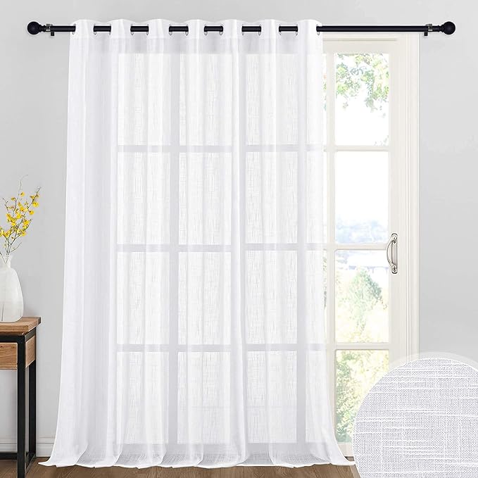 RYB HOME White Sheer Curtains Linen Textured Semi Sheer Drapes Light Airy Grommet Large Window Decor for Living Room Bedroom Dining Patio Door, White, W 100 x L 108 inch, 1 Panel