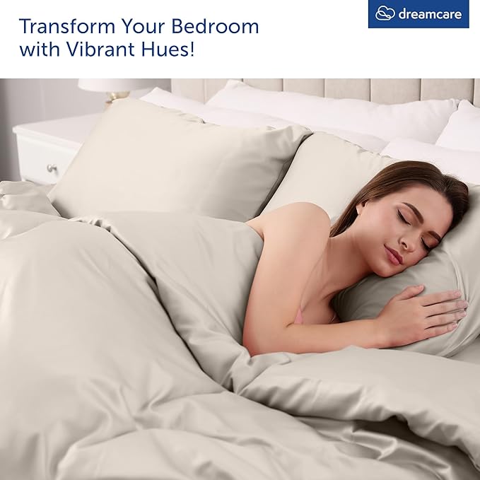DREAMCARE Queen Sheet Set – 4 pcs Cooling Sheets – up to 21” Extra Deep Pocket Queen Sheets – Hotel Luxury Sheets & Pillowcases – Superior Softness 100% Microfiber with Side Pocket - Beige