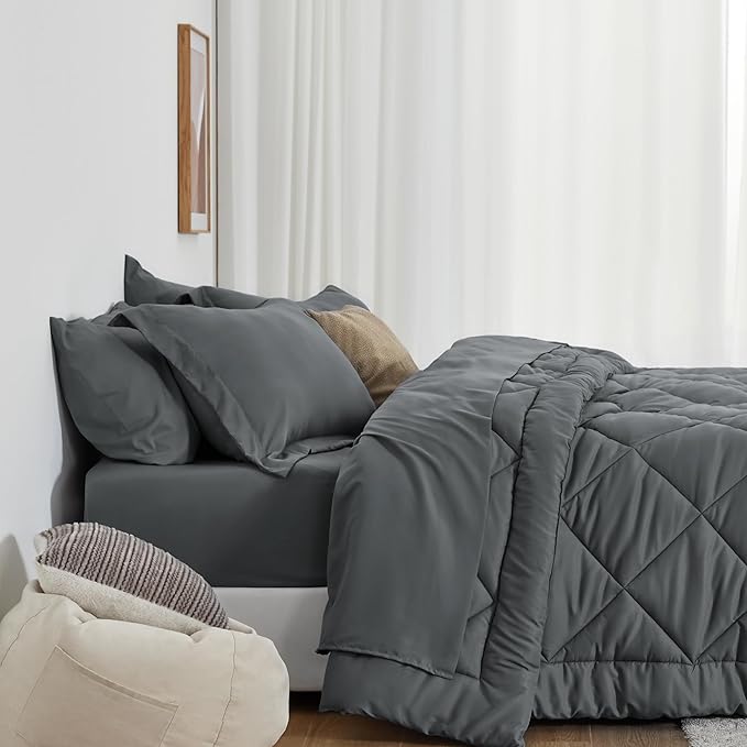 Love's cabin Oversized Queen Comforter Set Dark Grey, 7 Pieces Queen Bed in a Bag, All Season Queen Bedding Sets with 1 Comforter, 1 Flat Sheet, 1 Fitted Sheet, 2 Pillowcase and 2 Pillow Sham