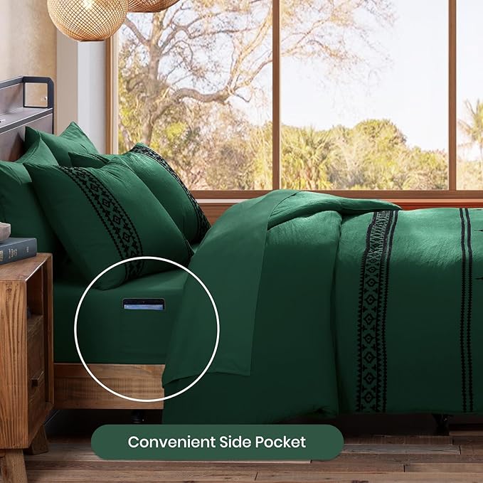 MaiRêve Embroidery Full Size Comforter Set Emerald Green, Farmhouse Western Boho Bedding Set 7 Pieces, All Season Bed in A Bag Comforter Set with Sheets, Pillowcases & Shams