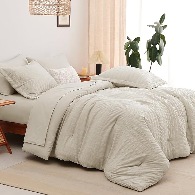 CozyLux Full Size Comforter Sets with Sheets Seersucker 7 Pieces Oatmeal Bed in a Bag Textured Luxury Soft Bedding Set with Down Alternative Comforter, Sheets, Pillowcases & Shams for All Seasons