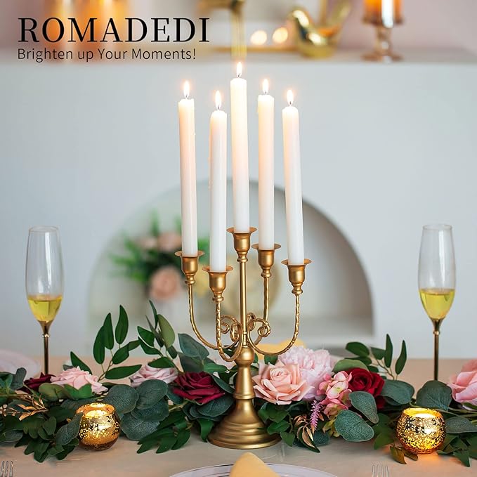 Romadedi Candelabra Gold Candle Holders - 5 Arm 11.8" Wedding Candlestick Holder for Theme Party Table Centerpiece Decor Dining Room Birthday Holiday Christmas, Set of 6
