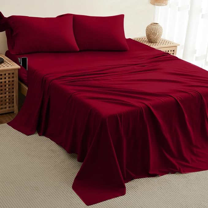 DREAMCARE Queen Sheet Set – 4 pcs Cooling Sheets – up to 21” Extra Deep Pocket Queen Sheets – Hotel Luxury Sheets & Pillowcases – Superior Softness 100% Fine Microfiber with Side Pocket – Burgundy