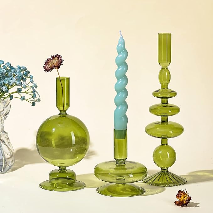 Rtteri 3 Pcs Glass Candlestick Holders Glass Candle Holders Groovy Wavy Elegant Taper Candle Stick for Wedding Home Birthday Party Christmas Halloween Decoration Windowsill Decor(Green)