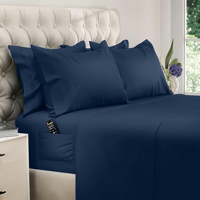 DREAMCARE Queen Sheet Set – 6 pcs Cooling Bed Sheets – up to 15” Deep Sheets Queen Size Bed Set – 2500 Supreme Collection – Extra Soft 100% Brushed Microfiber Hotel Luxury with Side Pocket – N Blue