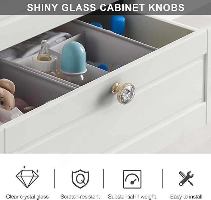 Alzassbg 6 Pack Clear Crystal with Gold Base Cabinet Knobs, 1-3/8 Inch (35mm) Diameter Cabinet Hardware Round Crystal Knobs for Drawers AL1011BG