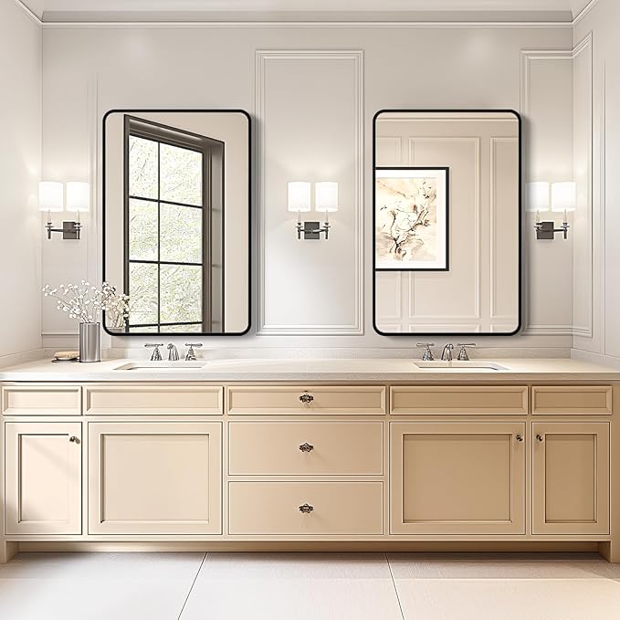 USHOWER 2-Pack Black Bathroom Mirrors for Over Sink 24 x 36 Inch, Metal Frame Rectangle Wall Mirror, Modern Farmhouse Vanity Mirror, Wall Mounted