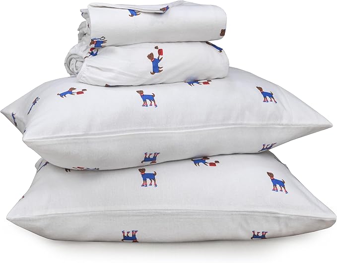 RUVANTI Flannel Sheets King Size - 100% Cotton Brushed King Bed Sheets Set - Deep Pockets 16 Inches - All Seasons Breathable & Extra Soft - Warm & Cozy, 4 Piece, Puppy Playoff