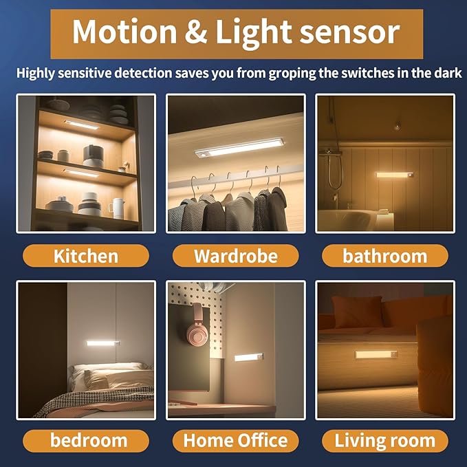 Under Cabinet Lights,76 LED Operated Motion Sensor Light Indoor,1500mAh USB Rechargeable Closet Lights, 4 Pack Magnetic Dimmable Closet Lights，Wireless Under Counter Lights for Kitchen, Stairs
