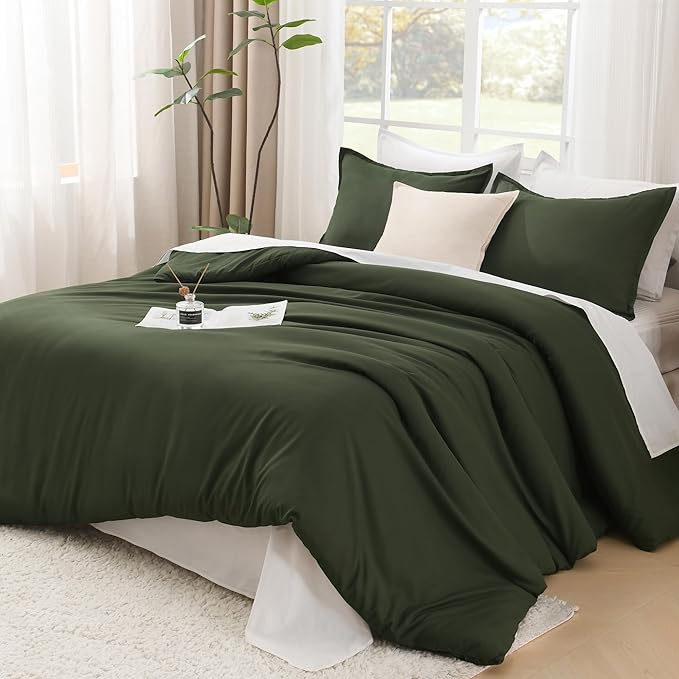 Litanika Dark Olive Green Comforter Set Full, 3 Pieces Solid Bedding Comforter Set, All Season Fluffy Bed Set (79x90In Comforter & 2 Pillowcases)