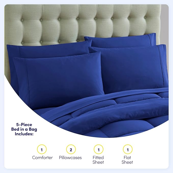 Sweet Home Collection 5 Piece Comforter Set Bag Solid Color All Season Soft Down Alternative Blanket & Luxurious Microfiber Bed Sheets, Royal Blue, Twin
