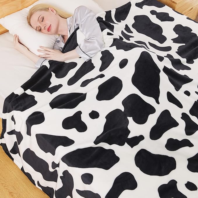 Fleece Cow Print Blanket - Premium Lightweight Anti-Static Bed Cow Throws Soft Cozy Warm Blankets Plush Gift, Bedroom Decor 66" x 90"(Black Cow Twin)