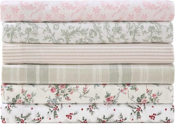 Laura Ashley - Flannel Sheets Twin Size, Anti-Pilling & Wrinkle Resistant Cotton, Touchably Soft for All-Season Comfort - Bed Sheets with Matching Pillowcase & Fitted Sheet (Brinna Green)