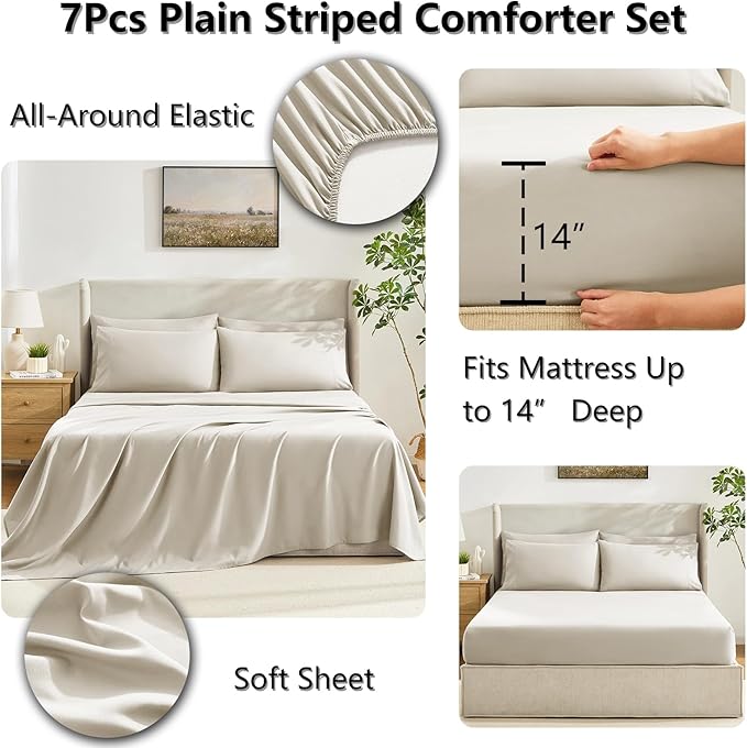CozyLux California King Comforter Sets Oatmeal, 7 Pieces Cal King Bed in a Bag, All Season Bedding Sets with Stitch Quilted Comforter, Flat Sheet, Fitted Sheet, Pillowcases