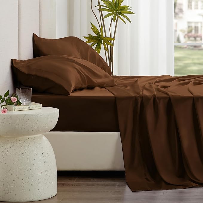Love's cabin Twin Satin Sheets Sets - 3 Piece Brown Silky Bed Sheets Twin with Deep Pockets, Luxury Silk Feel Satin Sheet Set Bedding Set (1 Flat Sheet,1 Fitted Sheet,1 Pillow case)