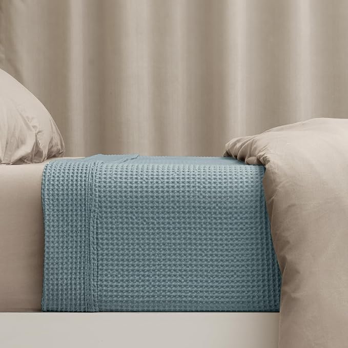 PHF 100% Cotton Waffle Weave Blanket Twin Size for Bed,Snag Proof Lightweight Breathable Moisture-Wicking Throw for Couch,Great for Layering in Cold Weather,Machine Washable,Home Decor Gift-Ocean