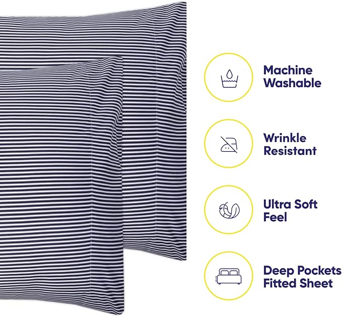 Full Size Bed Sheets - 6 Piece 1500 Supreme Collection Fine Brushed Microfiber Deep Pocket Full Sheet Set Bedding - 2 Extra Pillow Cases, Great Value, Full, Classic Stripe Navy
