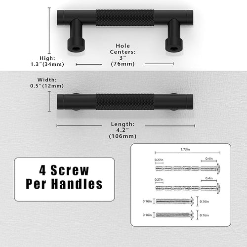 10 Pack Matte Black Knurled Cabinet Pulls 3 Inch(76mm) Kitchen Cabinet Handles Solid Zinc Alloy Cabinet Hardware Drawer Pulls