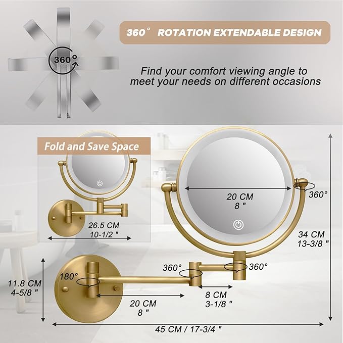 Make up Mirror Wall Mounted Lighted 10X Magnifying Hard Wired, Double Sides 3 Color Lighting Touch Dimming, 360 Swivel Extended Arm Shaving Light up Mirror for Bathroom, Antique Brass