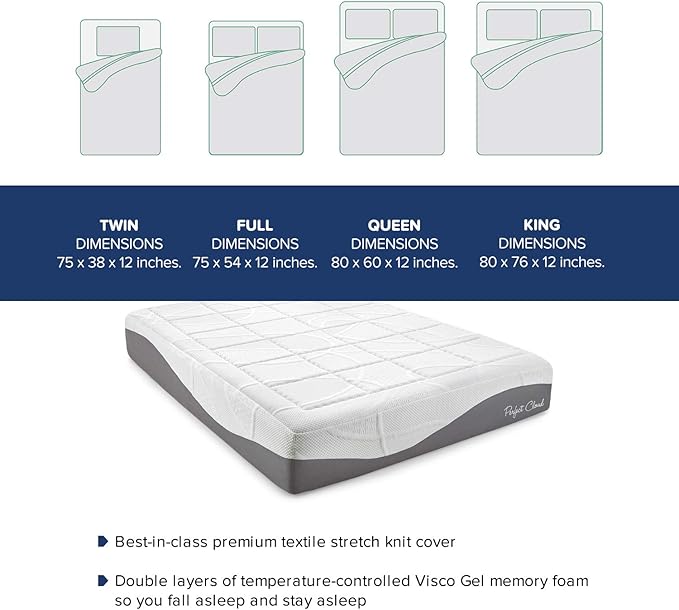Perfect Cloud Made in The USA Elegance Plush Gel-Infused 12-inch Memory Foam Mattress - Pressure Relieving - Bed-in-a-Box (King)