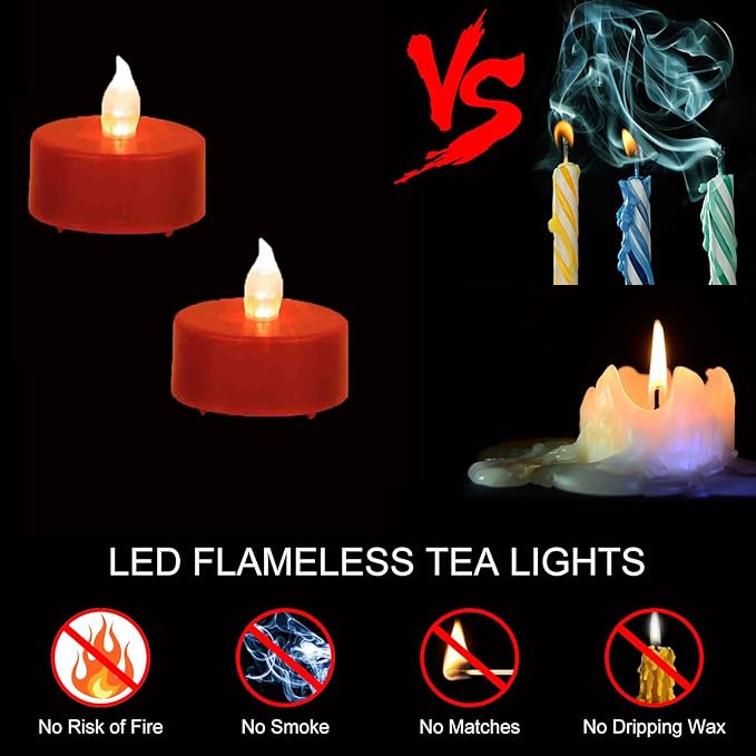 Tea Light Candles with Remote Control,Flickering Flameless LED Candle,Long Lasting 400+Hours,Battery Operated with Timer for Home Decoration Seasonal &Festival Celebration(12pcs Red)