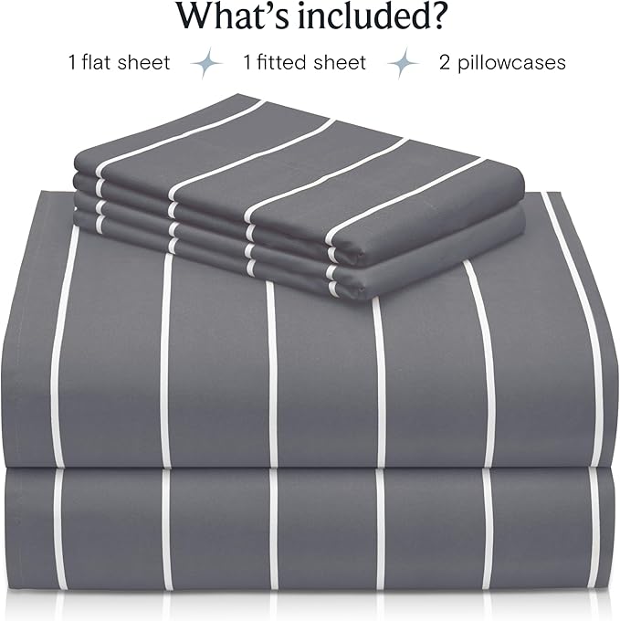 LuxClub 4 PC Queen Size Sheet Set Bed Sheets, Breathable Luxury Deep Pockets 16" Wrinkle Free Cooling Sheets Machine Washable Hotel Bedding (Queen, Striped Light Grey)