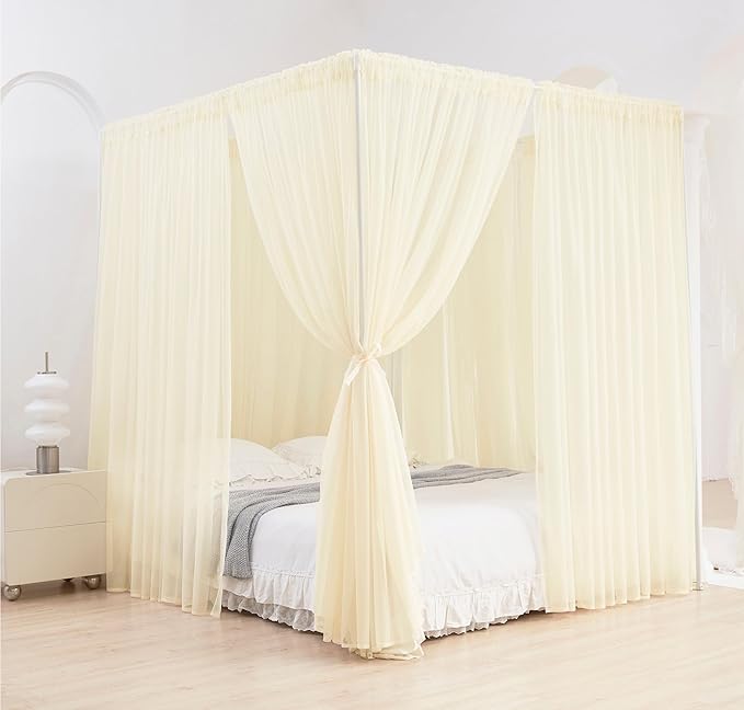 Akiky Ivory Canopy Bed Curtains with Lights 8 Panel Canopy Curtains Drapes for King Size Bed Large Rod Pocket Sheer Canopy Bed Drapes