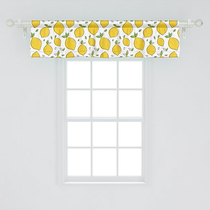 Ambesonne Lemons Window Valance Pack of 2, Continuous Citrus Fruits Leaves Refreshing Cartoon Pattern, Rod Pocket Curtain Valances for Kitchen Bedroom, 42" X 12", Lime Green Earth Yellow