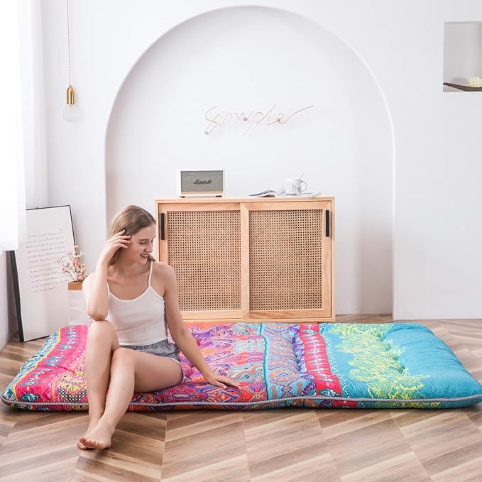 MAXYOYO Bohemian Retro Mattress Boho Floral Japanese Futon Mattress Tatami Floor Mat Foldable Portable Camping, Sleeping Pad, Lounger Couch Bed Full Size