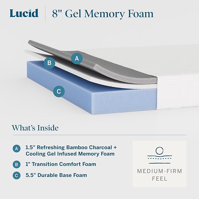 Lucid 8 Inch Memory Foam Mattress - Medium Firm Feel - Infused with Refreshing Bamboo Charcoal and Cooling Gel - Bed in a Box - Temperature Regulating - Pressure Relief - Breathable - Full Size