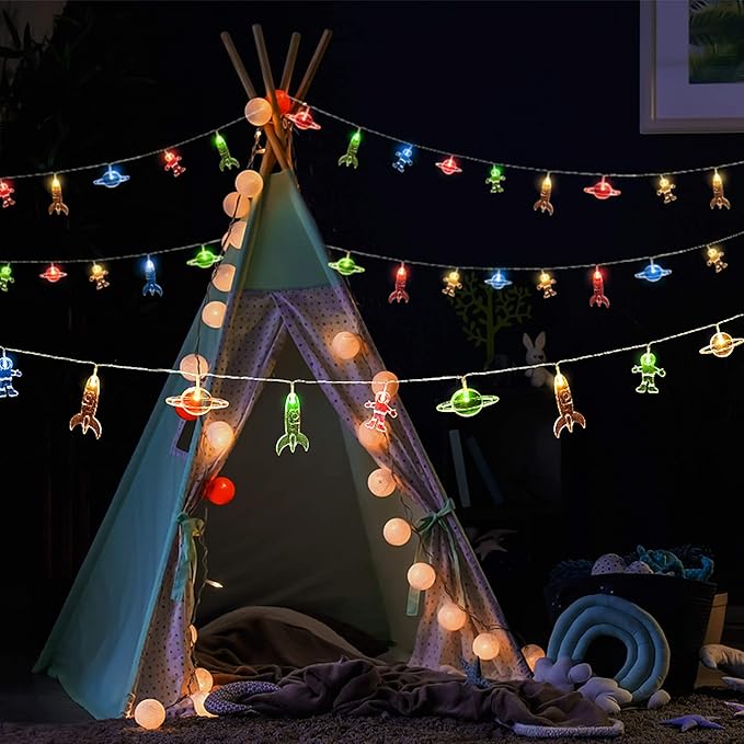 AceList Planet Astronaut String Lights, 20 LED USB Powered Space-Themed Fairy Lights with 8 Modes for Kids' Bedroom, Nursery, Party, and Holiday Decor(Warm)