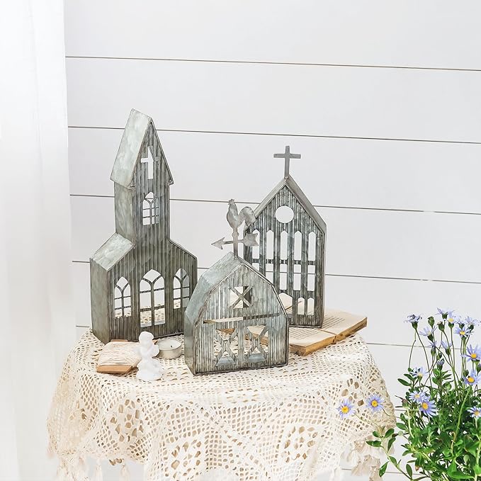 Church Shaped Tea Light Candle Holder Farmhouse Galvanized Metal Candle Holder Vintage Decorative Tealight Holder for Table Centerpiece Decoration - 4.53" x 1.97" x 10.43"