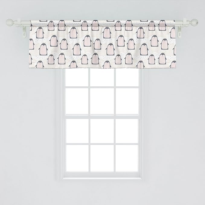 Ambesonne Penguin Window Valance, Pastel Colored Style Cartoon Animals from Antarctica Crowns on a Dotted Background, Curtain Valance for Kitchen Bedroom Decor with Rod Pocket, 54" X 18", Grey Pink