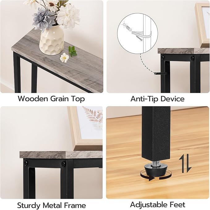 HOOBRO 63" Narrow Console Table with Charging Station, 5.9" Sofa Table with 2 Power Outlets and USB Ports, Long Entryway Tables Behind Couch Table, for Hallway, Livingroom, Greige and Black BG165UXG01