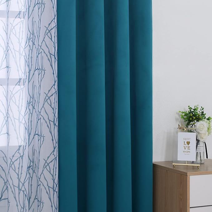 BONZER Mix and Match Curtains - 2 Pieces Branch Print Sheer Curtains and 2 Pieces Blackout Curtains for Bedroom Living Room Grommet Window Drapes, 54x63 Inch/Panel, Teal, Set of 4 Panels