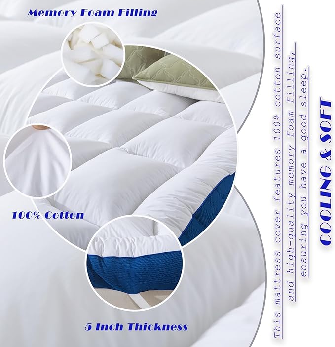WhatsBedding 5 Inch Memory Foam Queen Mattress Topper 100% Cotton Top, Filled with Breathable & Soft Memory Foam Pillow Top,4 Elastic Straps, 80x60x5 Inch, Queen