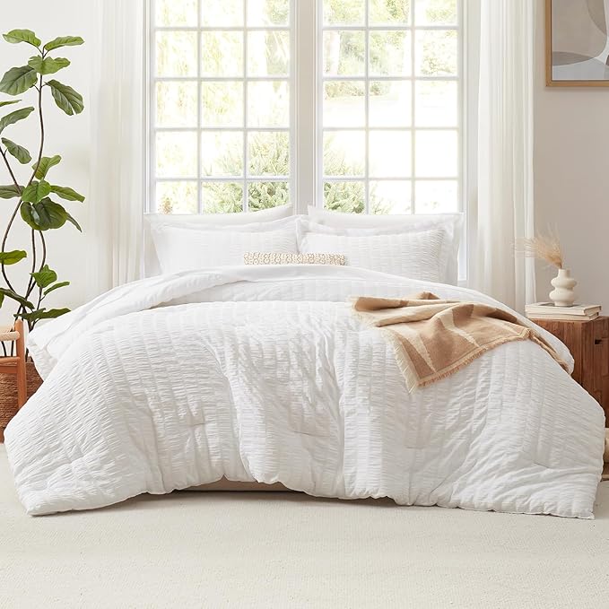 CozyLux Oversized Queen Comforter Set White Seersucker 7 Pieces 98x98 Bed in a Bag Comforter Set with Sheets, Luxury Soft Bedding Sets with Down Alternative Comforter, Sheets, Pillowcases & Shams