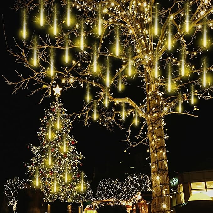 Kwaiffeo Warm White Christmas Icicle Lights, Meteor Shower Lights for Xmas Outdoor Tree Yard Thanksgiving New Year Decor, 8-Tube, UL Plug