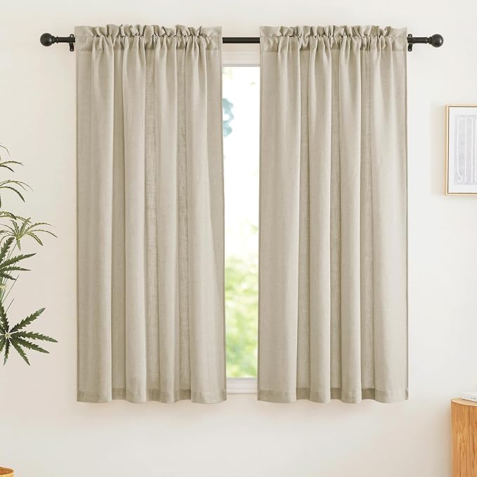 RYB HOME Linen Textured Semi Sheer Curtains Half Privacy Light Glare Filtering Breezy Airy Window Decor for Bedroom Bathroom Living Room, Beige, W 34 x L 63 inch, 2 Panels
