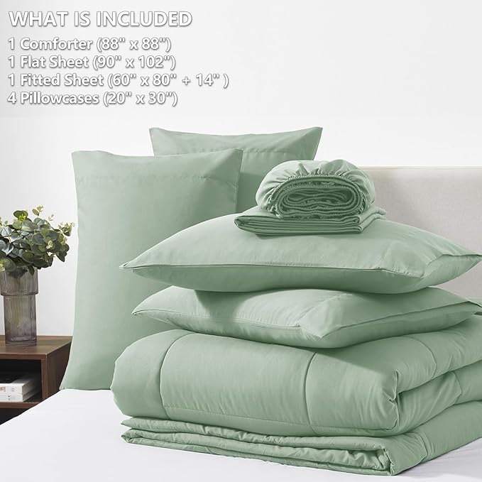 CozyLux Queen Comforter Set Sage Green, 7 Pieces Bed in a Bag, Green Comforter Queen Size, All Season Bedding Sets with Stitch Quilted Comforter, Flat Sheet, Fitted Sheet, Pillowcases