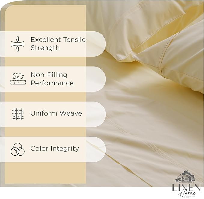 Linen Home 100% Cotton Percale Sheets King Size, Ivory, Deep Pocket, 4 Pieces Set - 1 Flat, 1 Deep Pocket Fitted Sheet and 2 Pillowcases, Crisp Cool and Strong Bed Linen