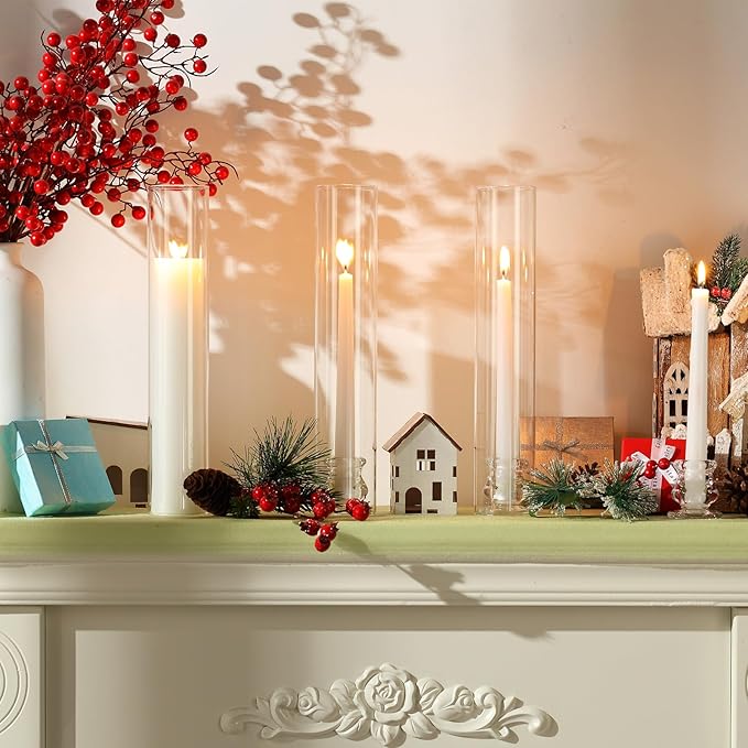 24 Set Christmas Glass Hurricane Candle Holders 12.6" Open Ended Glass Candleholder Tube Shape Bottomless and 2.2" Taper Clear Candlestick Holders for Wedding Party Table Centerpiece (Clear)