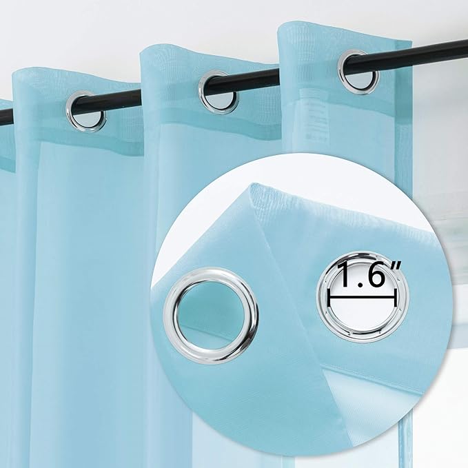 DUALIFE Sky Blue Sheer Curtains 63 Inches Length Look Semi Transparent Natural Light Flow Grommet Curtains for Bedroom and Living Room, 52 x 63 Inches, Set of 2 Panels Light Baby Blue