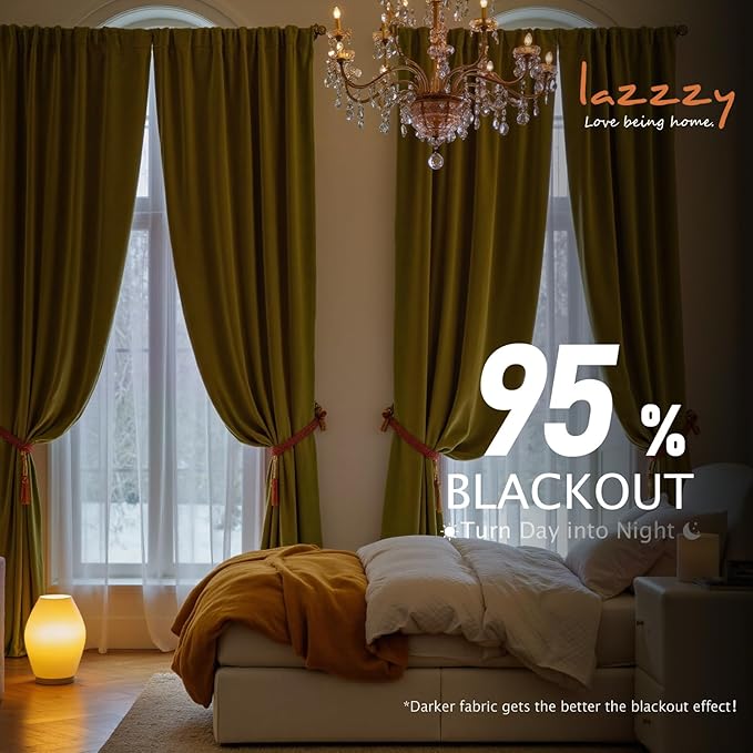 Lazzzy Velvet Blackout Curtains Thermal Insulated Room Window Drapes Super Soft Luxury Curtains for Living Room Bedroom Rod Pocket 2 Panels, Golden Olive, 52" W x 84" L