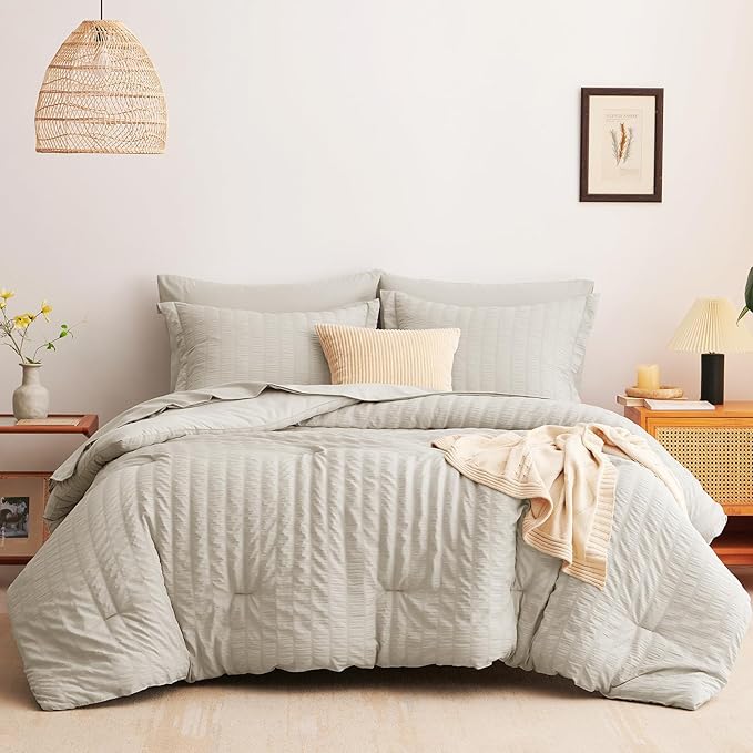 CozyLux Oversized King Comforter Set Beige Seersucker 7 Pieces 120x98 Bed in a Bag Comforter Set with Sheets, Luxury Soft Bedding Sets with Down Alternative Comforter, Sheets, Pillowcases & Shams