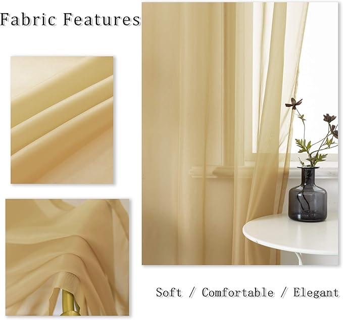 DUALIFE Tan Beige Sheer Curtains with Grommet,Look Semi Natural Taupe Sheer Windows Panels,Elegant Solid Color Touch Soft Drapes, 52X96 Inch for Living Room Bedroom,Set of 2 Panels Khaki