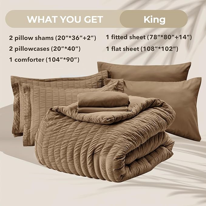 HYMOKEGE Brown King Size Comforter Set Seersucker 7 Pieces, All Season Luxury Bed in a Bag for Bedroom, Bedding Set with Comforter, Sheets, Pillowcases & Shams