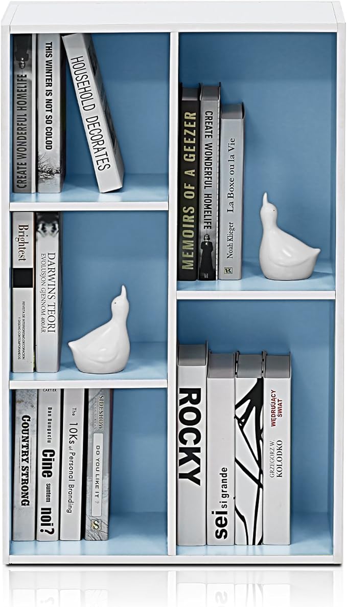 Furinno LUDER Book Shelf, 5-Cube Bookshelf, Reversible Bookcase, 9.4" x 19.5" x 31.5", for Living Room, Bedroom, Home Office, White/Light Blue
