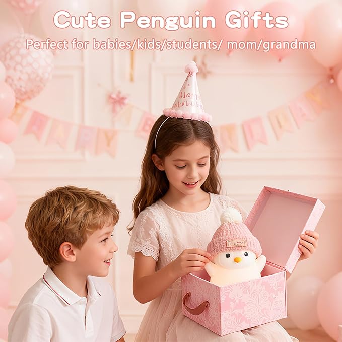 Penguin Night Light, Cute Pink Penguin Lamp with Knit Hat, Soft Silicone Nursery Nightlight for Baby, Rechargeable/Dimmable/Timer,LED Squishy Novelty Animal Bedside Lamp,Funny Gifts for Kids